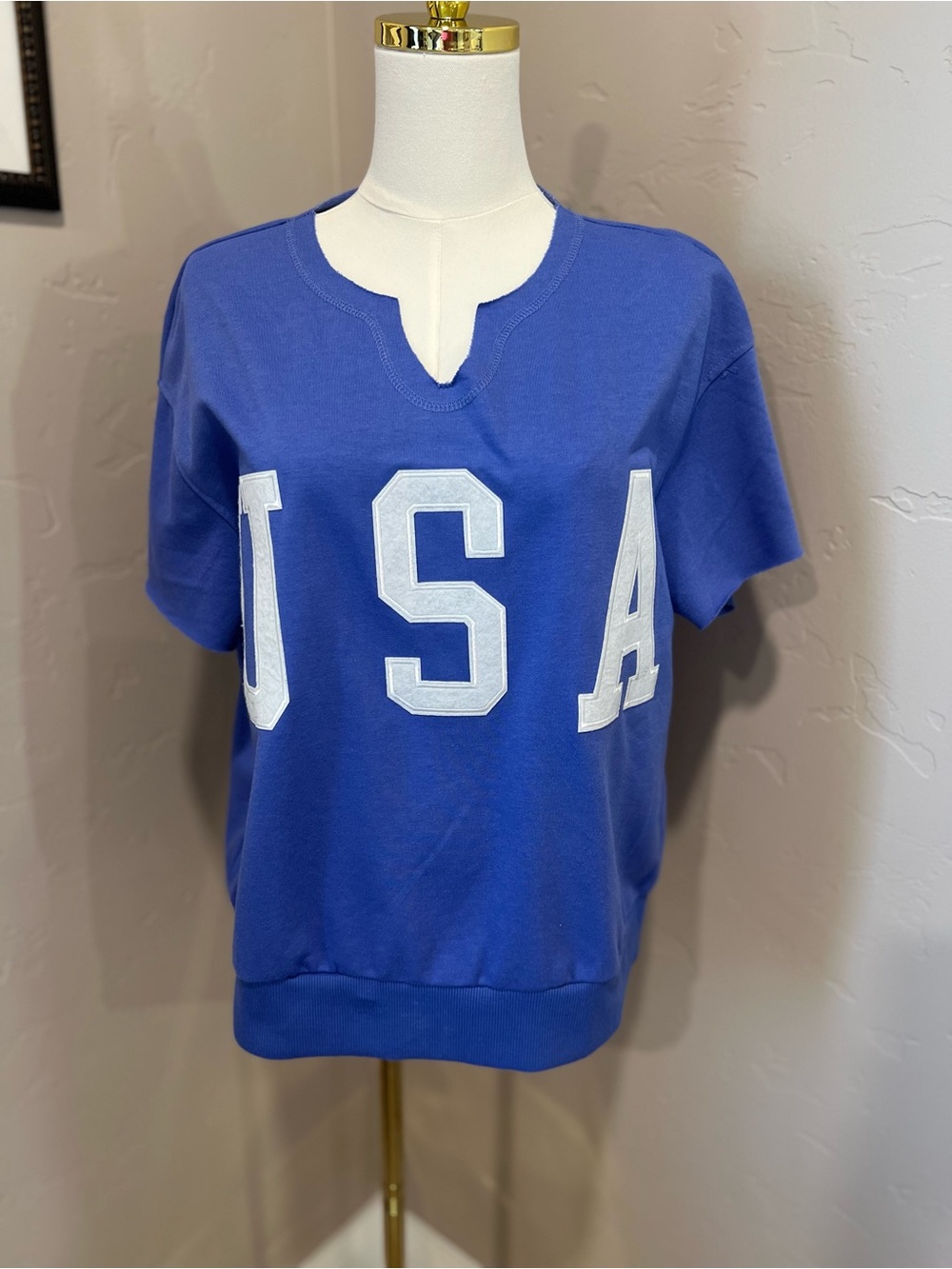 Blue USA Letter Patch Short Sleeve Sweatshirt
